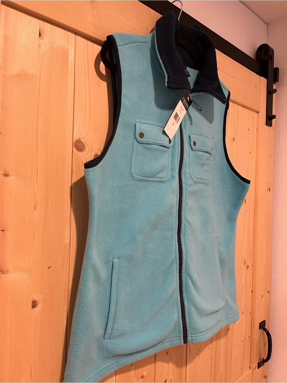 Men’s Chaps Sweater Fleece Vest Two Tone Cyan Blue with Navy Trim XL/TG/EG